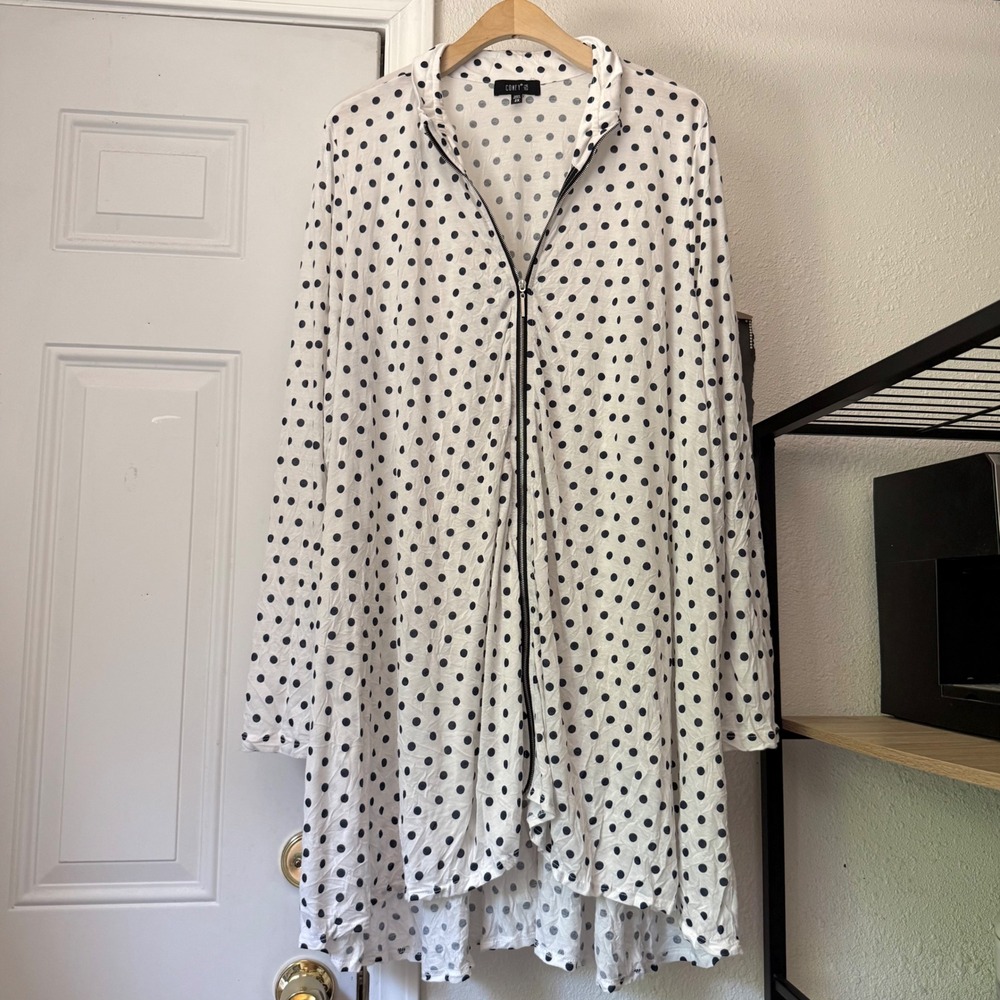 COMFY USA white black polka dot full zip lagenlook long sleeve mini shirt dress